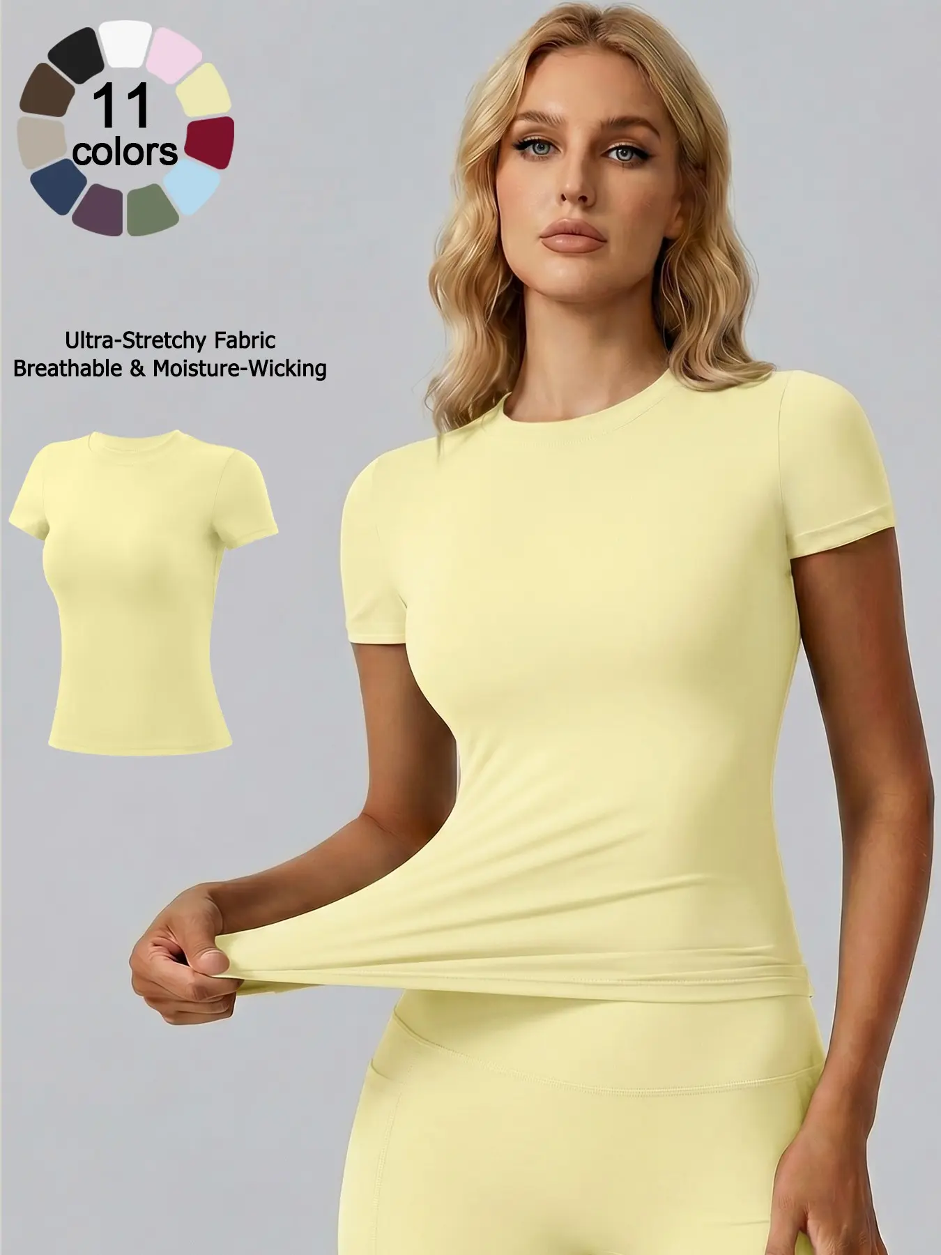 Women Solid Color Crew Neck Short Sleeve Sports T Shirt Comfortable Breathable High Elastic Seamless Slim Fit Yoga Top Waist Shaping Outdoor Running Gym Casual Daily Wear Activewear Tee, Breathable Workout Tops