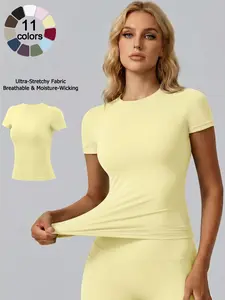 Women Solid Color Crew Neck Short Sleeve Sports T Shirt Soft Comfortable Breathable High Elastic Seamless Slim Fit Yoga Top Waist Shaping Outdoor Running Gym All Match Casual Daily Wear Women Short Sleeve Top