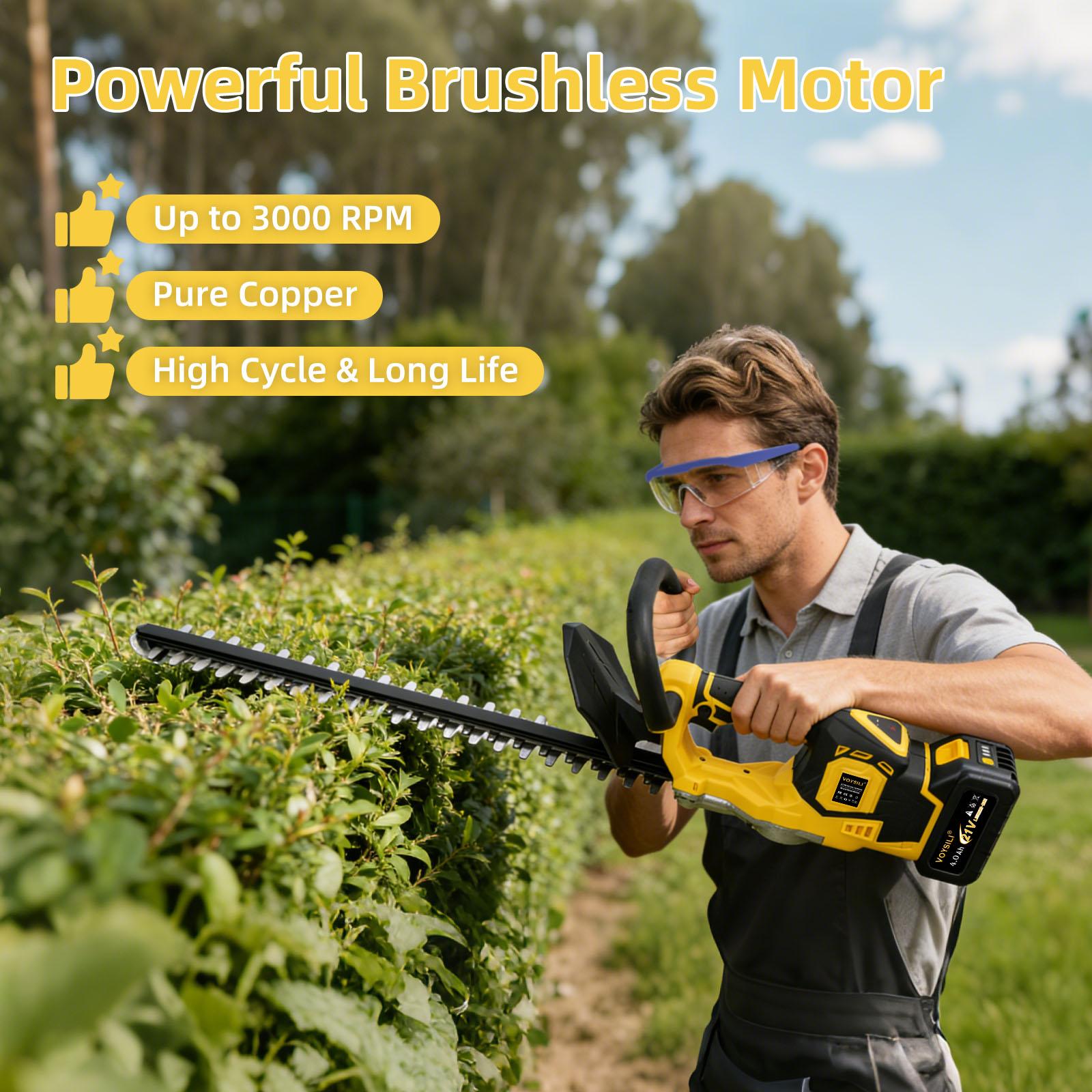21V Power Cordless Electric Hedge Trimmer - Cordless Trimmer with Dual Safety Locks, Low Vibration, 3 Power Modes, 4.4 lbs Lightweight, 22000 RPM, Easy Maintenance, Splash Guard, Fast Charger - For Hedge, Shrub Pruning in Courtyards, Gardens