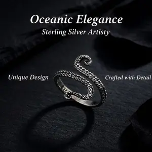S925 Sterling Silver Rings For Women Adjustable Octopus Cat Thumb Rings For Women Gothic Vintage Jewelry Gift, Tentacles Black S-shaped One Size Opening Ring,Animal Rings