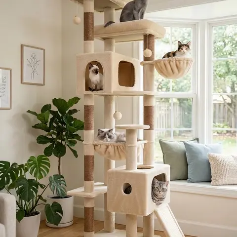 DESKAT Freestanding 80" Tall Cat Tree for Large Cats - Modern Home Decor, Stable Multi-Level Tower with Dual Cozy Condos, 6-Post Scratch Zone, Cloud-Soft Deep Hammock & Padded Perches, Anti-Topple Strap, Thick Base, Space-Saving Safe Vertical Play