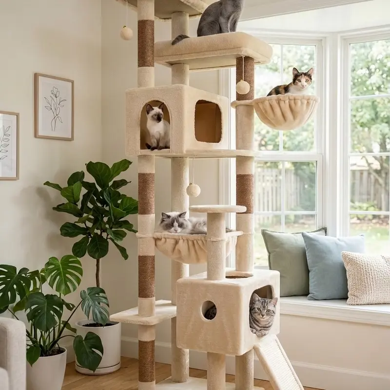 DESKAT Freestanding 80" Tall Cat Tree for Large Cats - Modern Home Decor, Stable Multi-Level Tower with Dual Cozy Condos, 6-Post Scratch Zone, Cloud-Soft Deep Hammock & Padded Perches, Anti-Topple Strap, Thick Base, Space-Saving Safe Vertical Play