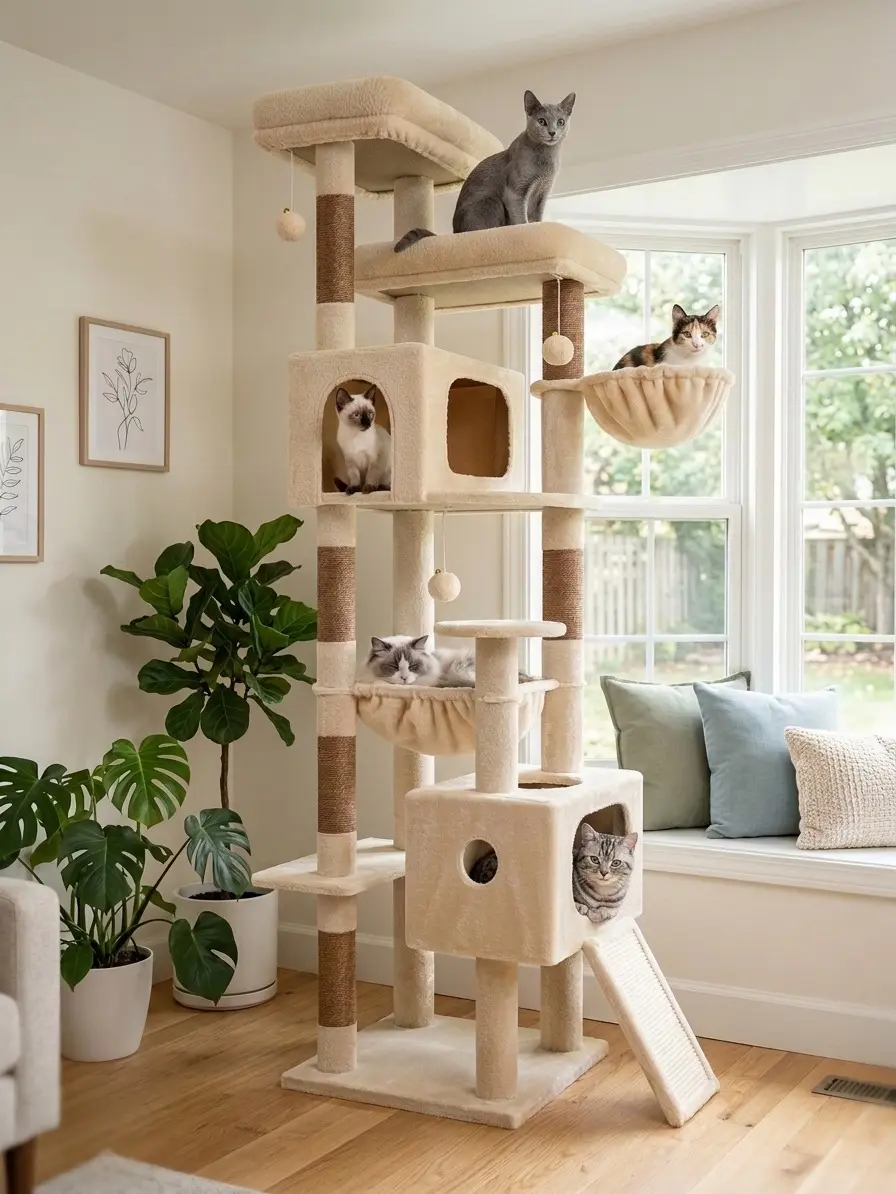 DESKAT 80 Inch Cat Tree for Large Cats, Stable Multi-Level Cat Tree with 2 Condos & Sisal Scratching Posts for 2-3 Cats, Thickened Base Space Saving Cat Tree Tower, F80G