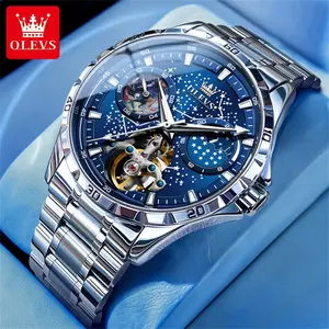 OLEVS Mens Leather Watches Automatic Mechanical Skeleton Tourbilon Diamond Luxury Self Winding Dress Wrist Watches Moon Phase Waterproof Luminous