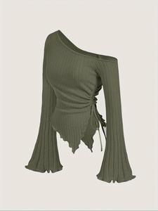 women's plain & leopard asymmetrical neck flounce sleeve tee, casual long sleeve t-shirt for fall & winter, women's clothing for daily wear