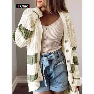 Women's Colorblock Button Front Cardigan, Cardigan for Women, Casual Drop Shoulder V Neck Knitwear, Ladies' Knit Clothing for Daily Wear, Going Out Outfits 2024