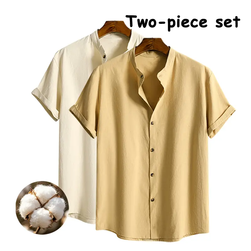 2-Pack Linen Cotton Stand Collar Shirts, Quick Dry Short Sleeve Solid Loose Fit Everyday Layering Tops