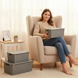 Giotto Rattan 2 Piece Plastic Storage Bins with Lids Set 7L, 237oz 14L, 474oz Organizer Bins Closet Pantry Office Laundry Stackable Basket Style Containers Closet Kitchen Bathroom Organization
