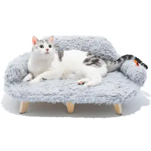 Removable Washable Cover Cat Bed - 26"x18.3"x8.5" Elevated Wooden Pet Sofa for Cats & Small to Medium Dogs, Modern Pet Furniture (Grey)