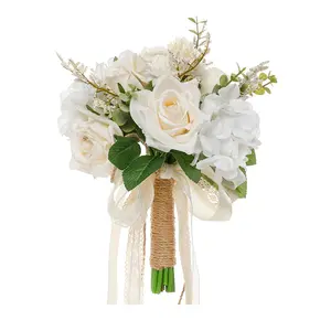 Wedding Bouquets for Bride Bridesmaid, White Champagne Artificial Roses Flowers Wedding Decoration (8in)