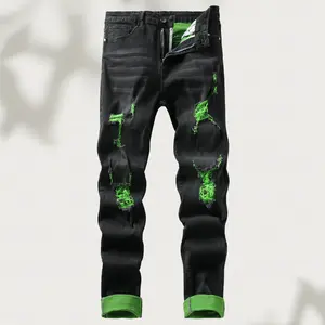Men's green ripped stretch skinny black bottoms wild jeans, ripped jeans vintage casual slim long pants, black ripped men's jeans, men's street stretch jeans, men's jeans Slim Fit Stretch Jeans with Pockets