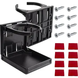 Adjustable Folding Drink Holder, Universal Cup Holders for Car, Truck, RV, Boat, Caravans, Campers, Space-Saving Cupholder, Black Drink Holder for Mugs, Bottles, Cans, with Screws and Tapes