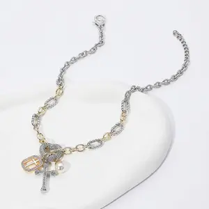 Two Tone 14K Gold Plated CZ Heart Cross Pendant Necklace