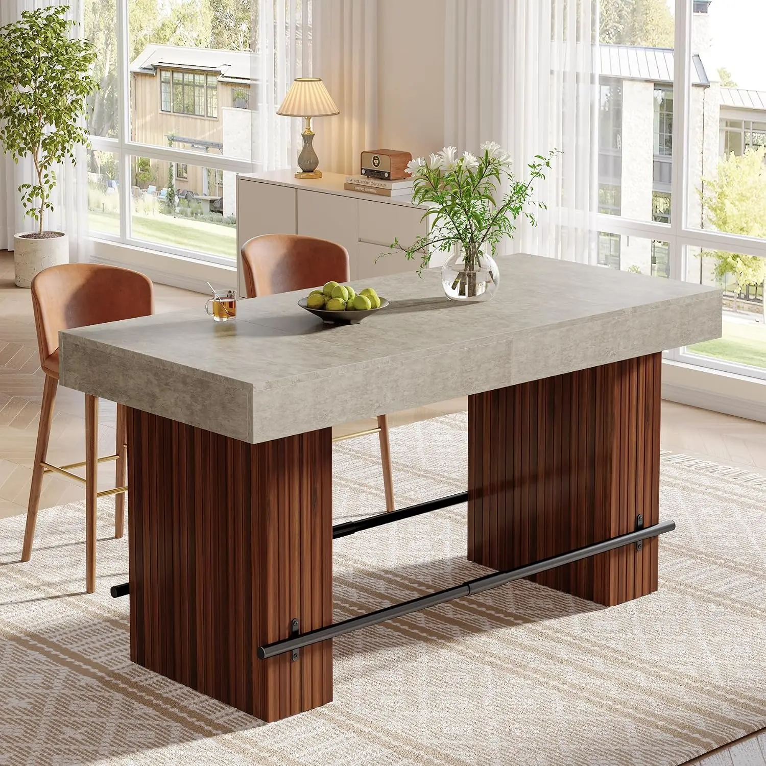 TRIBEWOOD 62.2-Inch Industrial Counter Height Bar Table, Rectangular Large Top Gray Cement-Look High-Top Kitchen Dining Table with Metal Footrest & Red-Brown Slatted Slats Base for 4-6 People
