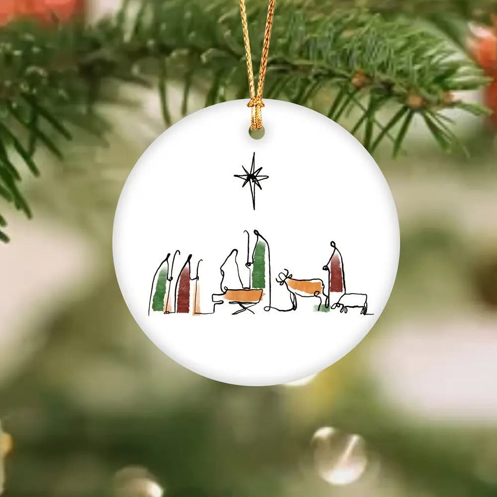 Nativity Scene Ceramic Ornament, Christian Christmas Hanging Decor, Religious Holiday Gift for Home Tree Decor