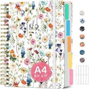 Large Spiral Lined Notebooks for Work with Removable Dividers & Tabs, 8.5"x11" Pretty Hardcover 5 Subject Notebook Journal for Women, College Ruled,  for Study & Office Organization, 280 Pages,Wildflowers