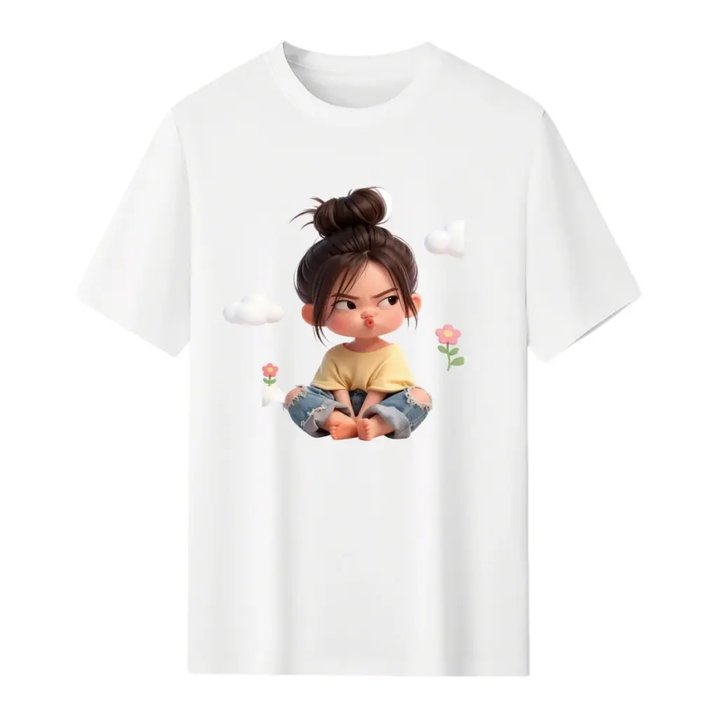 Women's Sassy Cartoon Girl & Clouds Graphic T-Shirt - Cute Pink Aesthetic, Short-Sleeve Crewneck, Casual Tee, Shirts for Women, Spring Glow Up Vibes summerwins,summerwins
