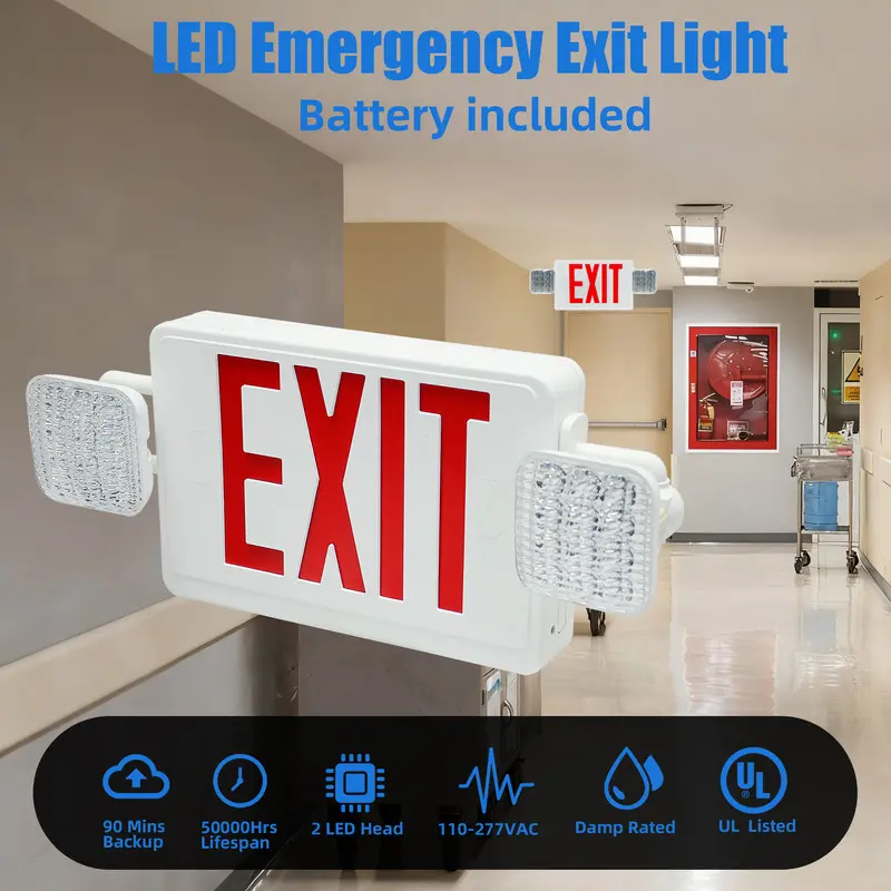 SEURON Flame-Retardant LED Emergency Exit Light with Commercial Fixtures, 2 LED Heads, 90-Min Bright Illumination, 50000-Hour Lifespan, 120-277V AC Plug-in, Auto Shut Off, AC Power Supply, Indoor Lighting for Business Power Failure Use