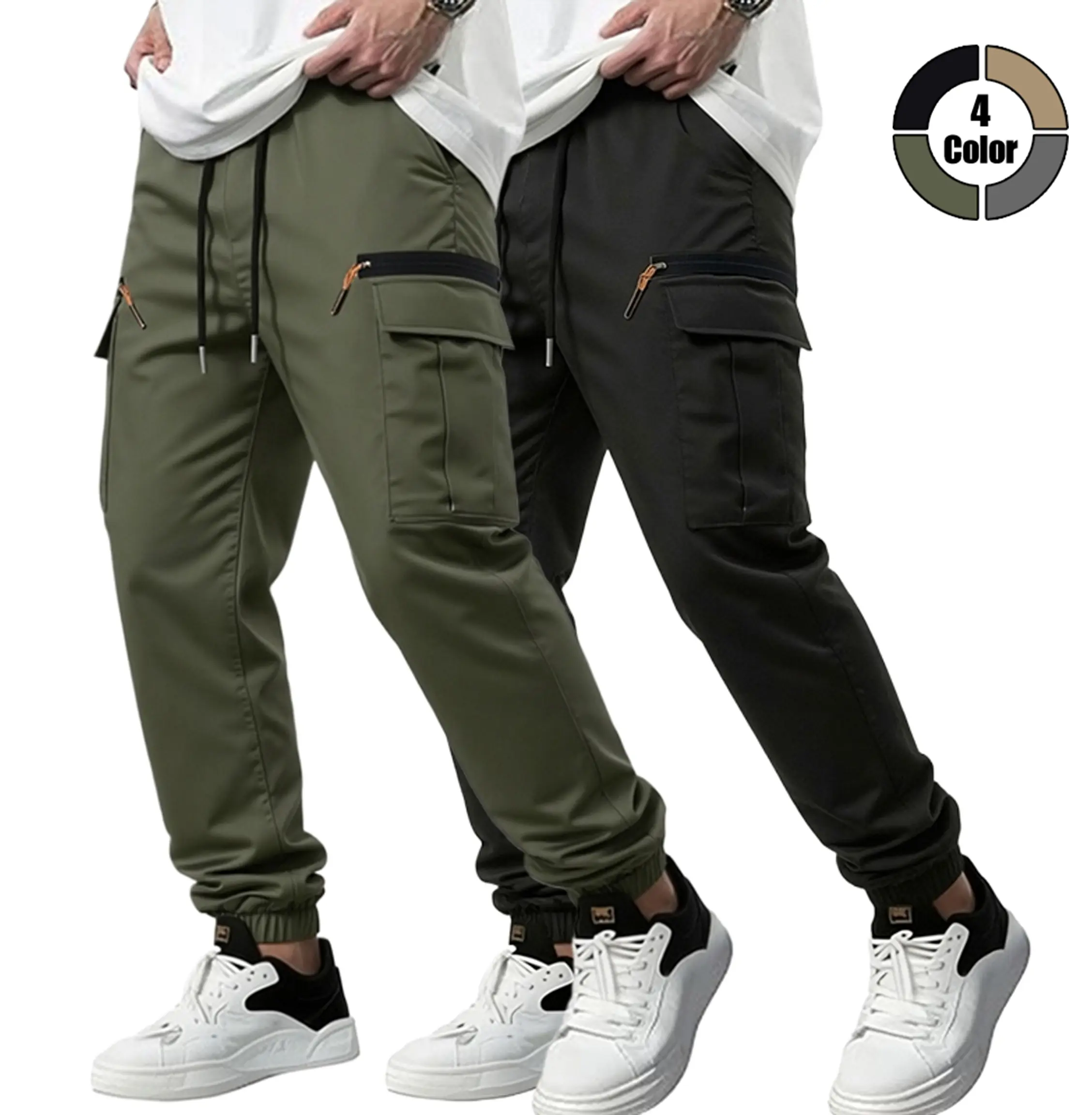 Clean Gent men’s loose solid-color cargo pants featuring a drawstring waist and pockets—street-style joggers suitable for everyday and outdoor wear, ideal for all seasons.