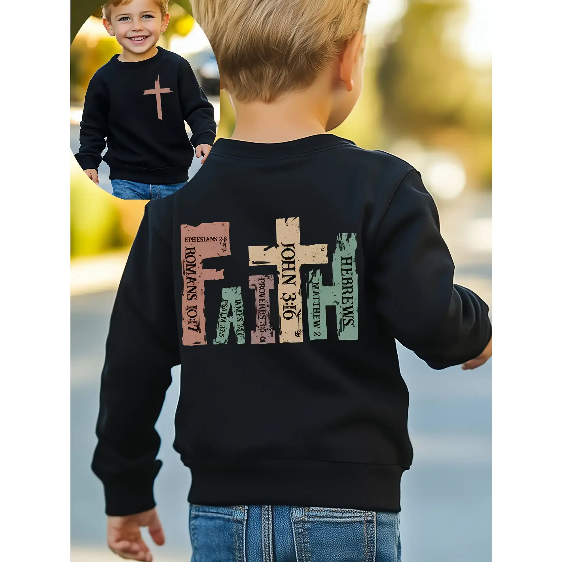 Boys' Fitted John 3:16 Cross Print Sweatshirt, Minimalist Pure Cotton Long Sleeve Top with Medium Stretch for Kids 3 - 4 Years, Graphic Tees, Crew Neck, Machine Washable, Retro, Child Size Boys' Knitwear, Straight Shoulder