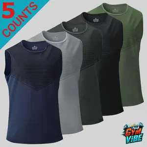 Men's 5-Pack Sleeveless Tshirts - Menswear Round Neck Striped Panel Vests, Gym & Daily Wear Men’s Shirts, Stylish Streetwear Summer Tops