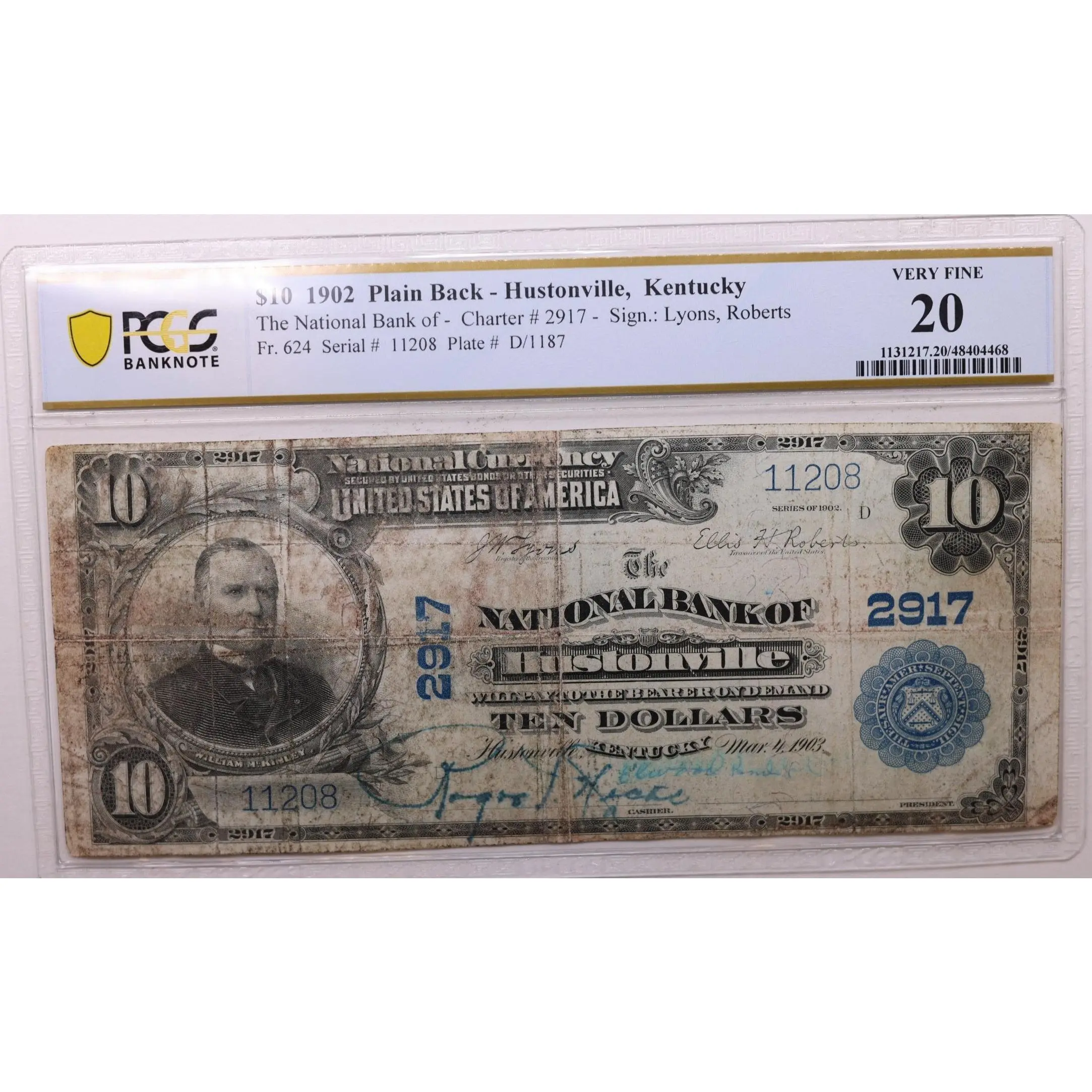 1902 $10 National, HUSTONVILLE, KY, Ch #2917, PCGS VF20, Store #NBN048.