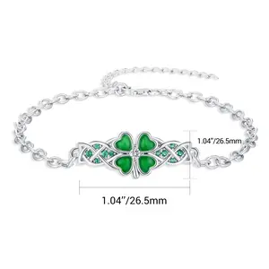 DRINSPER S925 Four-leaf Clover Bracelet Dainty Lucky Clover Bracelet with Cubic Zirconia Decor Celtic Knot Design Adjustable Bracelet St Patricks Day Fashion Green Love Diamond Crystal Jewelry Birthday Gift