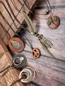 6 Pcs Dark Brown Drop Necklace Assortment for Women Men Antique Wanderer Traditional Timber Craft Style Oversized Sweater Necklaces for Autumn Dressing Coordination Vintage Aura Fills Whole Collection Exclusive Natural Wood Vein Muted Refined Personality