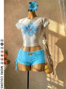 Women's Casual Blue Floral Print Round Neck Short Sleeve Crop Top, Y2K Daily Wear, Perfect for Layering and Fashionable Choice