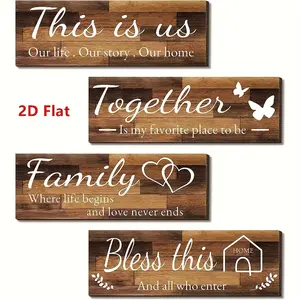 4pcs Rustic Wooden Wall Art Decor Rustic Farmhouse Design Vintage Plaque Decor - "This is Us," "Together," "Family," "Bless This Home" Signs with Butterflies & Hearts for Living Room or Bedroom - 11.7in x 3.9in, Includes Tape - Perfect Home Decor