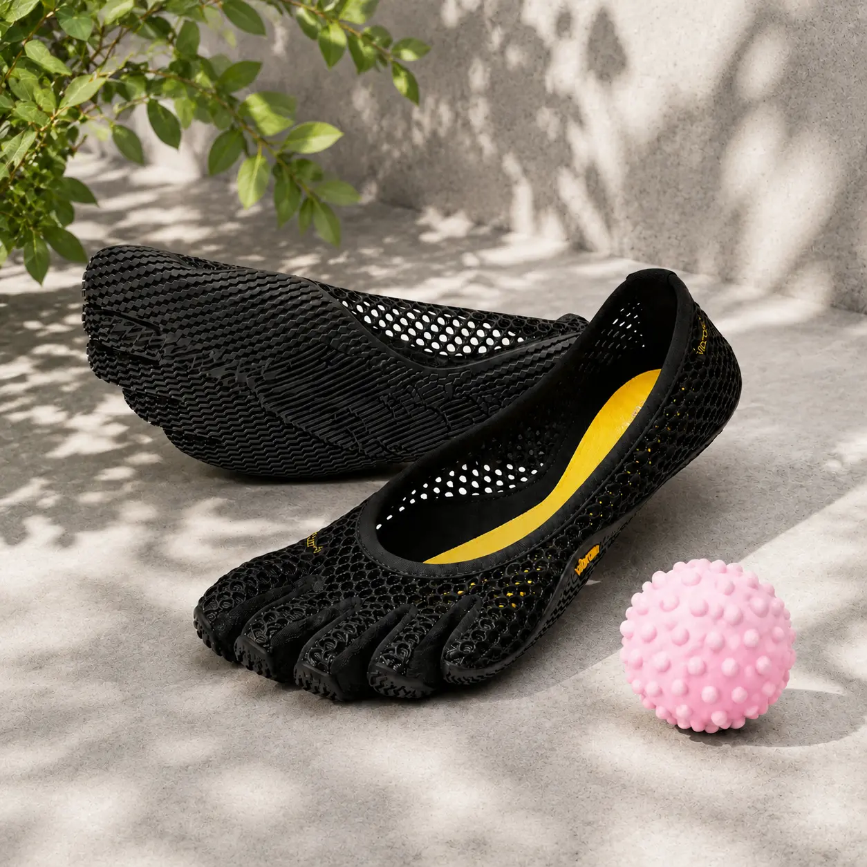Black 5-Toe Barefoot Slip-On Shoes, Honeycomb Mesh, 0-Drop, Anti-Slip Minimalist Training Footwear with Yellow Insole for Yoga, Pilates, Water Sports