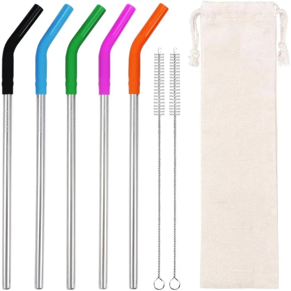 Stainless Steel Straws Metal Straw with  Tip 5 count 8mm Wide for 20/30/32oz Tumblers Smoothies and Shakes with 2 Cleaning Brushes,1 Portable Bag ()