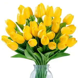 30 bouquets of spring artificial yellow tulips, Decorative, realistic touch artificial tulips, bright yellow flowers and green leaves, realistic plastic flowers, suitable for weddings, home decoration, Thanksgiving decoration, brides' boutonnieres