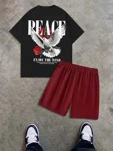 Men's T-Shirt Short Sleeve & Dark Shorts Set, Fitted Letter Print Pigeon Flower, Fashion Streetwear Gym Outdoor Casual