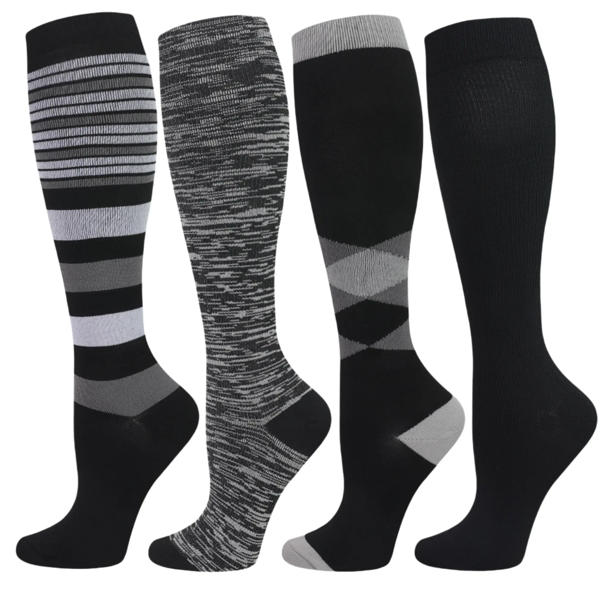 STANDWAY 4 Pairs Compression Socks for Men & Women, 15–20 mmHg Long Support Socks with Airy Knit, Secure Foot Grip & Reinforced Heel Design for Gym, Training, Running, Cycling & Outdoor Use