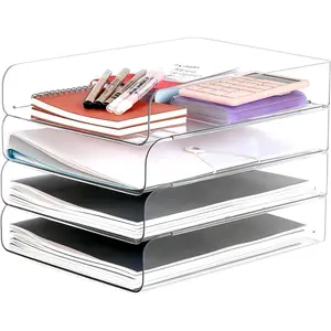 Stackable Letter Tray Desk Organizer, Set of 4 Clear PET Paper & File Organizers, Document Storage for Office Supplies