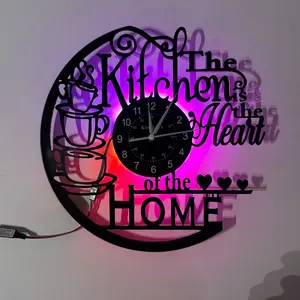 Vintage Kitchen Vinyl Record Wall Clock, LED Coffee Theme, Led Wall Clocks, Decorative Clock, Stacked Cups & Heart Decor, Ideal for Bedroom, Kitchen, Living Room, Perfect Gift