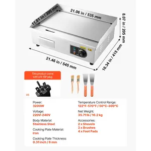VEVOR Commercial Electric Griddle, 21.06x 11.81 inch, 3200W, 122-570F Adjustable Temp Control, Stainless Steel Body, Full Flat, with 2 Spatulas, 2 Brushes, and 4 Foot Pads, for Steak, Pancake