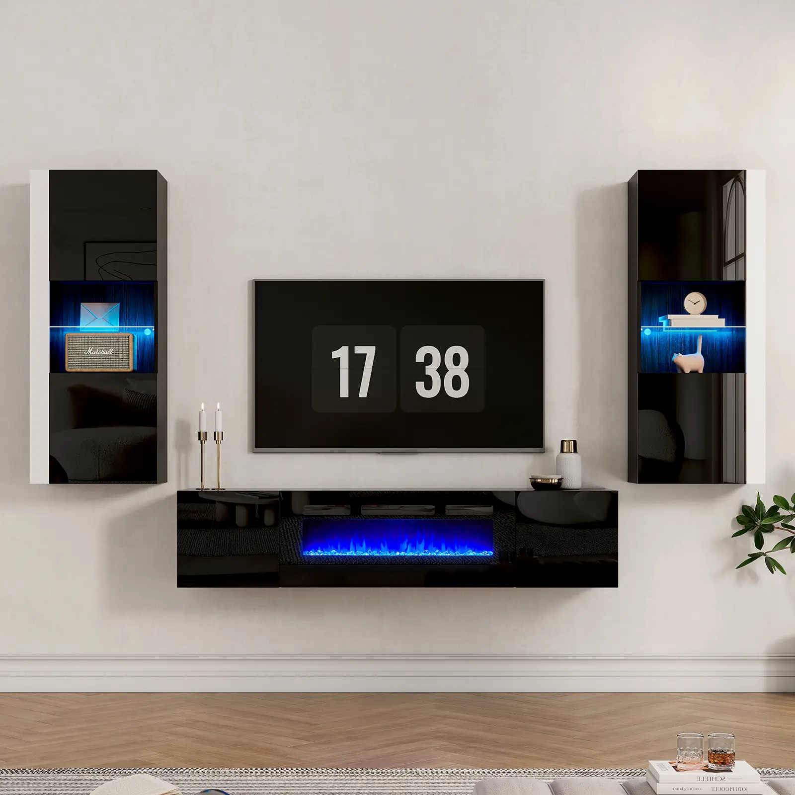 VanAcc Wall Unit Entertainment Center with 36'' Electric Fireplace Includes 68'' Floating Fireplace TV Stand 2 x Cabinets LED Media Console Table