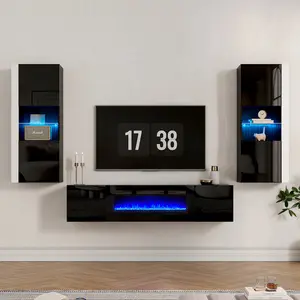 VanAcc Wall Unit Entertainment Center with 36'' Electric Fireplace Includes 68'' Floating Fireplace TV Stand 2 x Cabinets LED Media Console Table