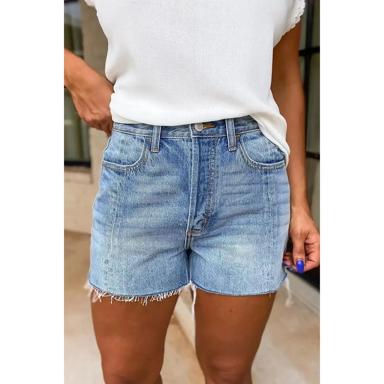 Frayed Hem High-Waisted Denim Shorts