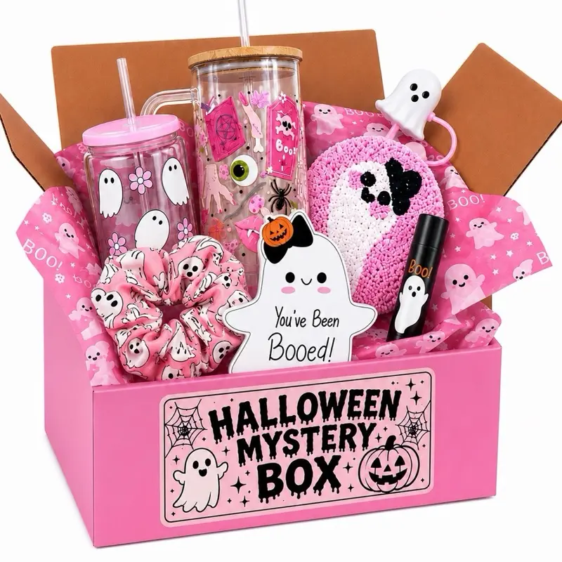 Pink Spooky Halloween Mystery Box - Kitchen Drinkware Set with 40 oz Tumbler, 16 oz Libby Glass Can, Bamboo Coffee Glass, Reusable Ghost Mug, Coaster, Straw - Ideal for Halloween Gifts