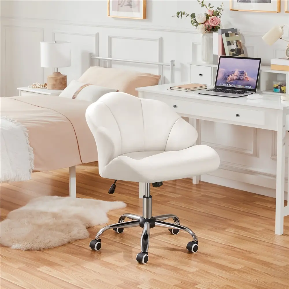 Yaheetech Glam Velvet Desk Chair with Shell-Shaped Back Ergonomic Swivel Vanity Chair Adjustable Height 18.3-22" PU Casters for Home Office