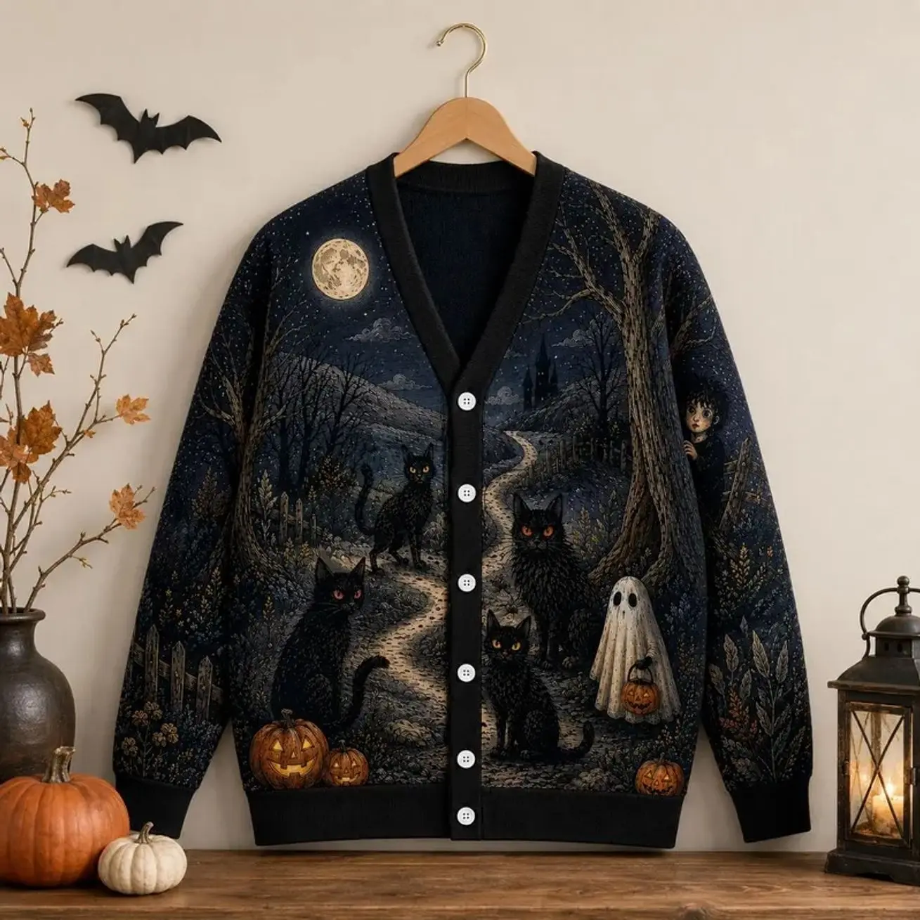 Midnight Navy Halloween Cardigan Jacket, Black Cats, Ghost Child, Moonlit Haunted Forest Print