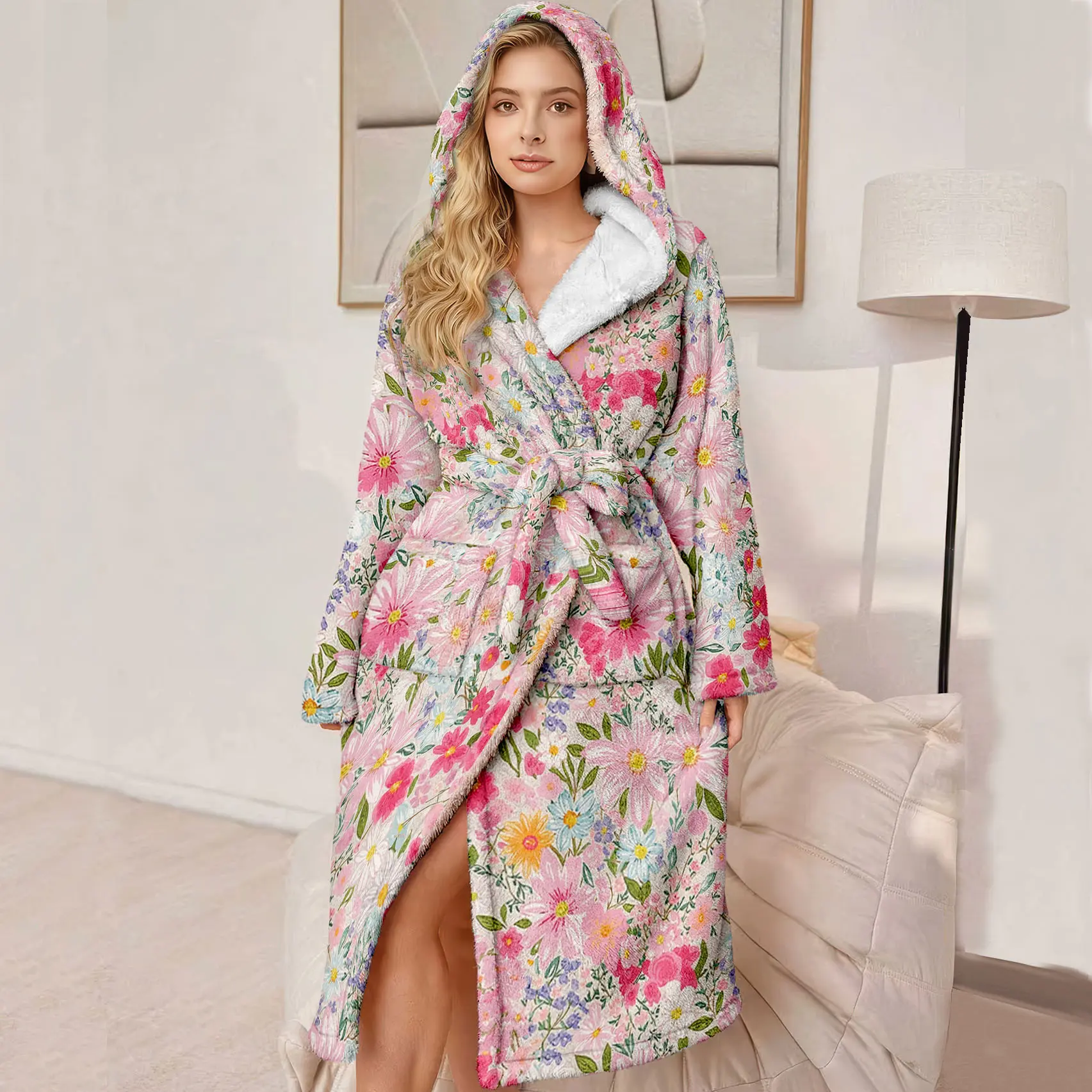 Plus Size Women's Hooded Luxury Bathrobe, Ultra Comfortable Plush Robe with Belt and Pockets, Floral Pattern, Winter Gift for Mom and Wife