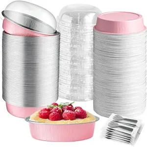 Mini Cake Pans With Lids And Spoons 7 Oz Disposable Aluminum Foil Baking Pans Individual Cake Containers For Tart Quiche Flan 50 Pack Pink
