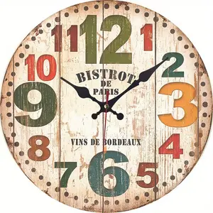 , Rustic Wooden Wall Clock, European Vintage Style Large Numbers, Silent Non-Ticking Bedroom Art Decor, No-Punching Required Ho NONE