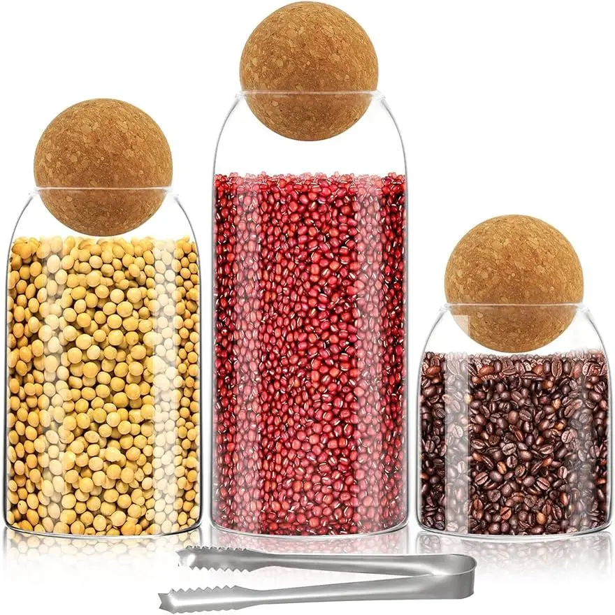 MIUVA 3Pcs Glass Jar with Round Ball Cork,Coffee Bean Jar Glass Cork Clear Glass Bottles with Cork Glass Canisters for Food, Coffee, Sugar, Spice, Tea,DIY  Thanksgiving tableware Value Pack Christmas Gift