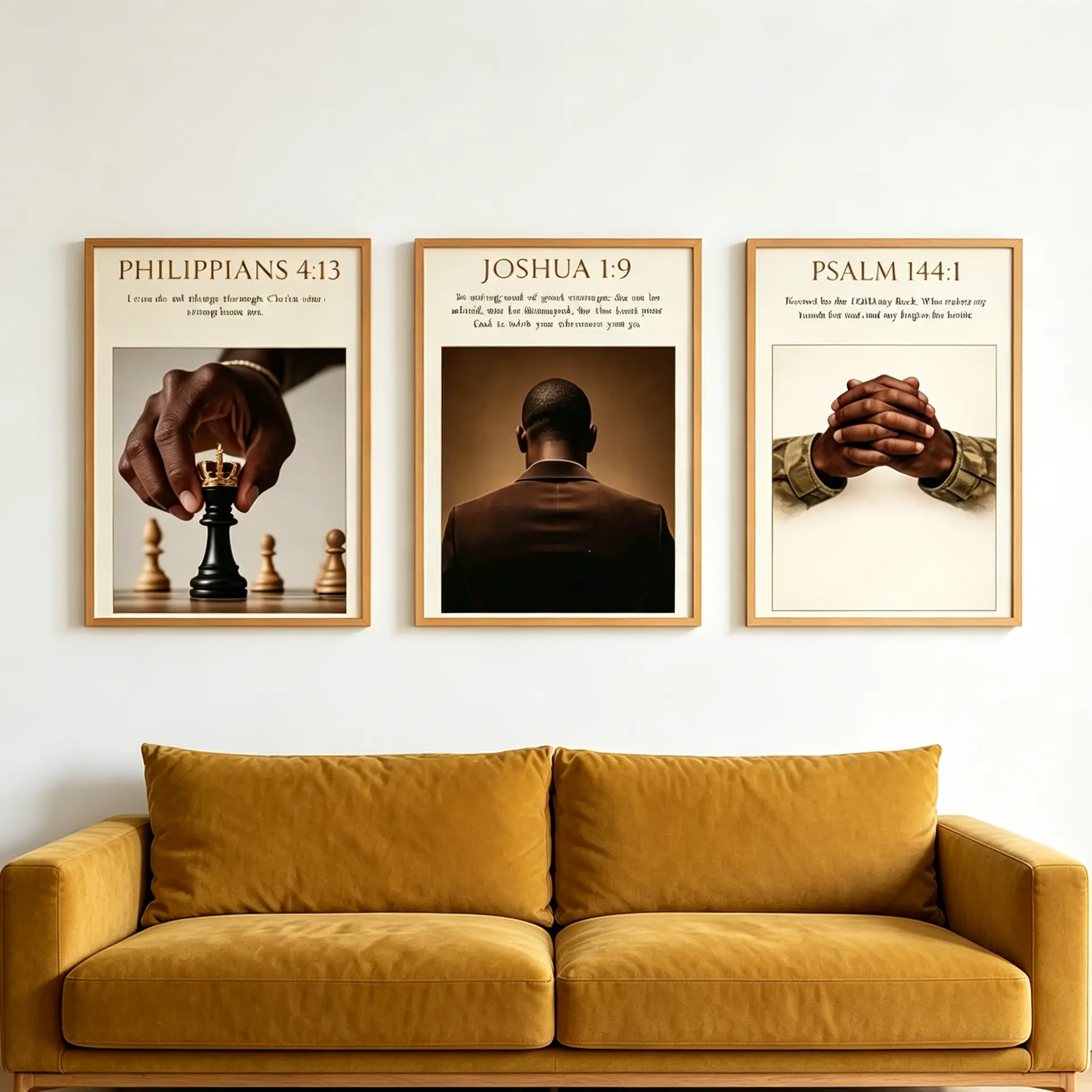 Set of 3 Black Man Christian Wall Art Prints, Masculine Bible Verse Decor, Philippians 4:13 Joshua 1:9 Psalm 144:1 Faith Scripture Poster, Inspirational Religious Wall Decor for Men Bedroom Office Man Cave, Unframed
