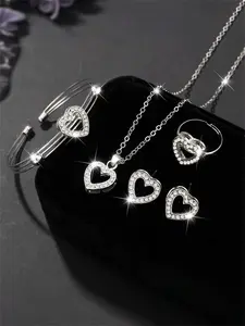 Girls' Heart Zircon Alloy Jewelry Set, 5-Piece Necklace Bracelet Ring Earrings, Minimalistic Design, Ideal Gift for Special Occasions